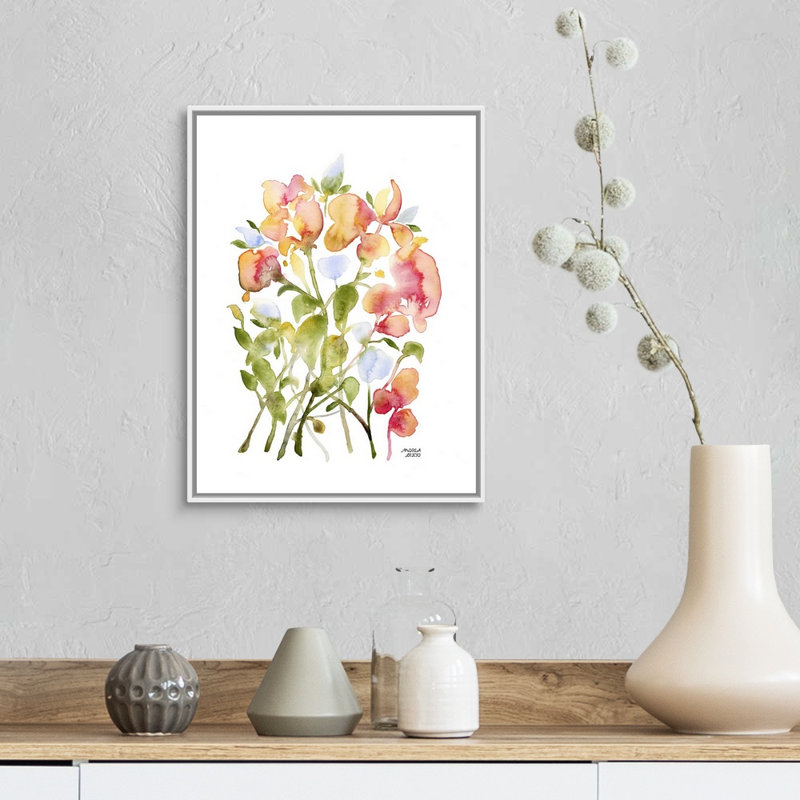 «Blue and Pink Florals» par Andrea Bijou, reproduction sur toile, H 18 po x l 14 po x P 1,75 po, Toile blanche encadrée