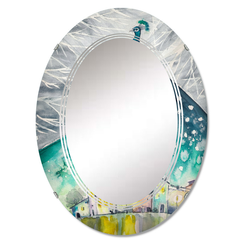 Turquoise Peacock Over City - Miroir mural scandinave ovale, 30 po x 20 po