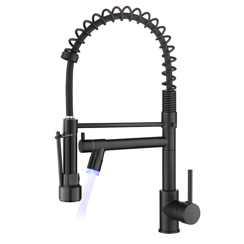Led Commercial Kitchen Faucet - Pull Down Spray Head, Black, Single Lever, High Arch Design With Handle, Fashionable Style
