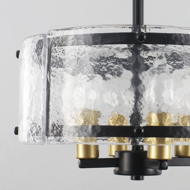 4 - Light 12.16'' Modern Industrial Drum Candle Semi Flush Mount Ceiling Light Fixture With Glass Panels Shade, Black/Gold