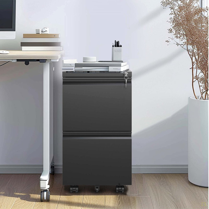 2 Drawer Metal  Mobile File Cabinet, Rolling File Cabinet With Lock For Hanging Legal/Letter/A4 Size,Fully Assembled Except Wheels