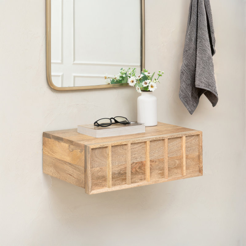 Amira Solid Wood Wall Mounted Shelf With Storage Drawer, Natural