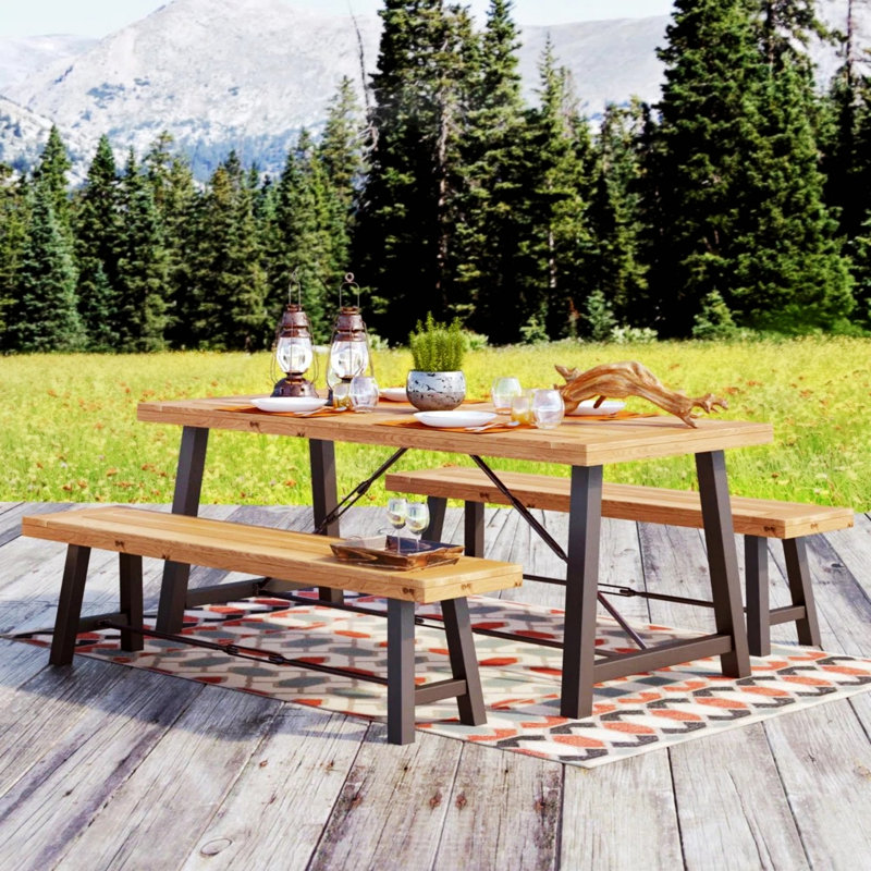 3 Piece Patio Wood Dining Set With  Benches