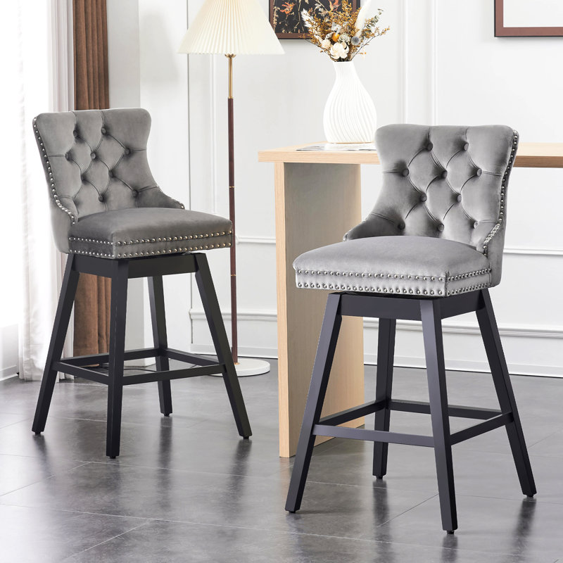 Gray Velvet Upholstered Swivel Bar Stools with Wood Legs, Set of 2