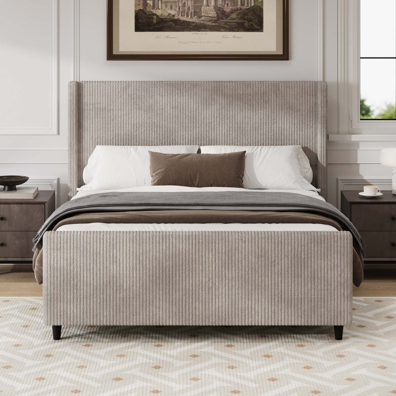 High Headboard Corduroy Upholstered Bed Frame with Vertical Stripe Wingback and High Footboard No Box Spring Needed, Taupe