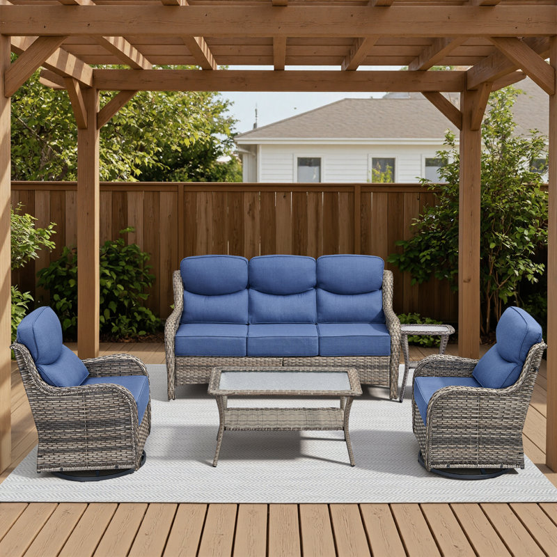 5-Piece Outdoor Wicker Patio Thick Cushion Sofa And Swivel Chairs Set With Coffee Table, Gray, Blue