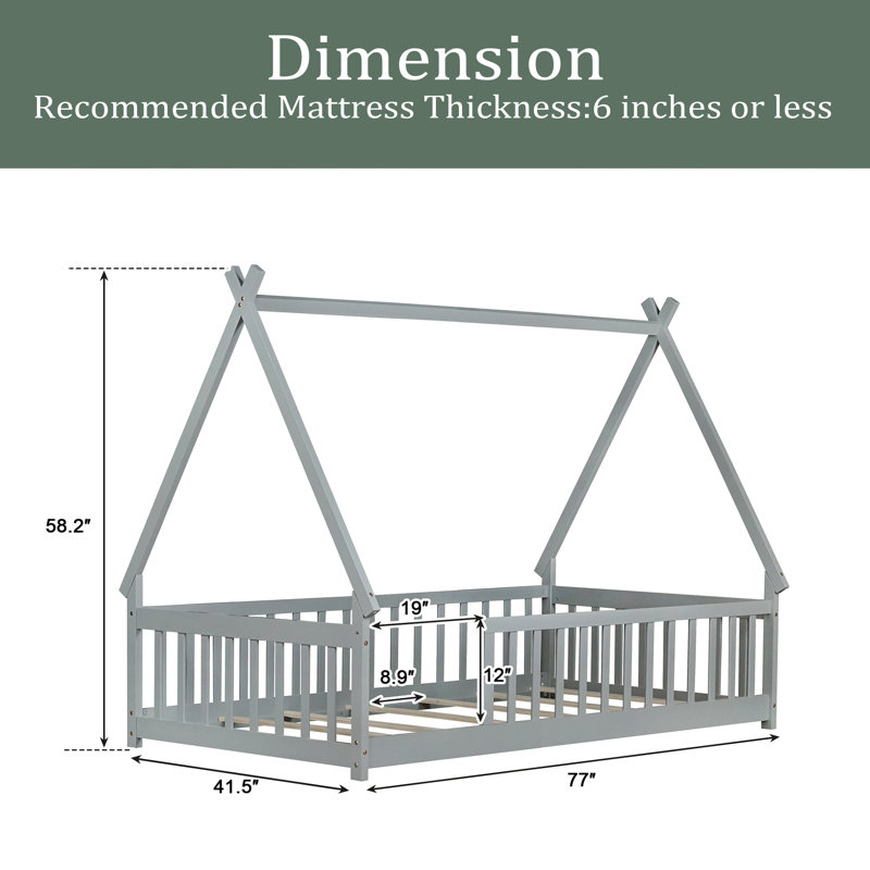 Tent-Shaped Floor Bed,Teepee Bed With Guardrails,Slats, Gray