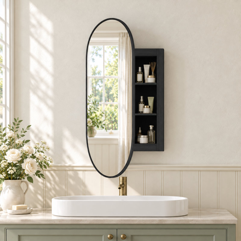 Ayyat 80 × 42 cm Oval Bathroom Mirror Cabinet, Matte Black, 1 Door with 3 Shelves