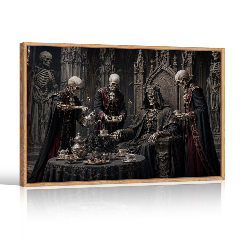 Squelettes gothiques en robes rouges autour d'une table à thé - Toile murale d'Halloween, H 18 po x l 24 po