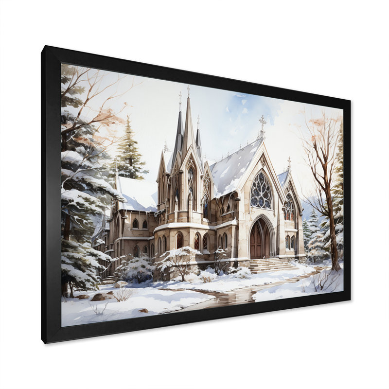 Chapelle de mariage blanche, aquarelle d'hiver rustique, Cadre simple noir, H 24 po x l 32 po x P 1 po