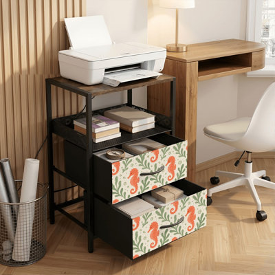 2 Drawers Nightstand with Charging Station, Bedroom Nightstand with USB Ports &amp; Outlets Open Shelf Black, night stand with Seahorse Seamless Coral Orange Print