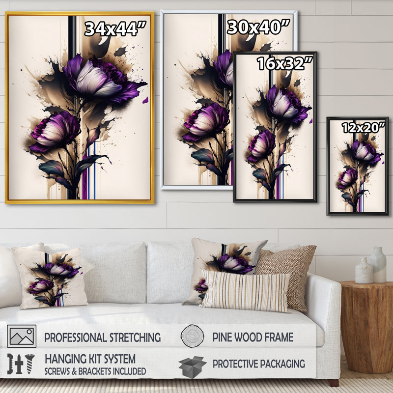 Fleur de pivoine Puple sur peinture abstraite I - Peinture sur toile, H 44 po x l 34 po x P 1,5 po