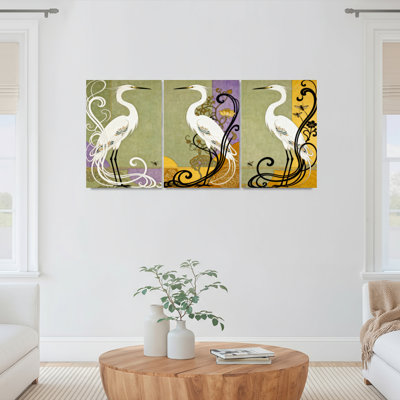 White Heron With Floral Swirls Artistic Canvas Wrapped Wall Art Oil Painting Print Set Of 3 For Living Room Bedroom Home Decor