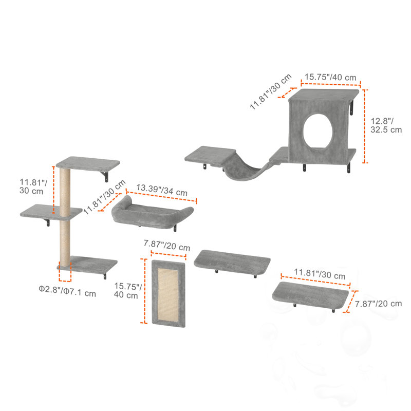 Wall Mounted Cat Tree with Jumping Boards and Hammock(set of 6)