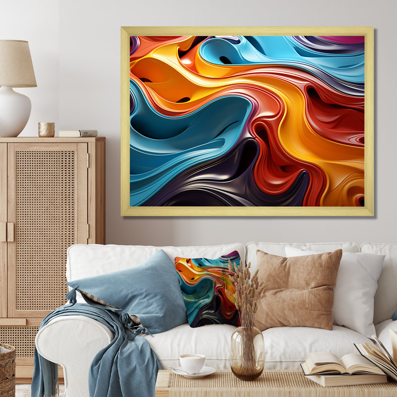 Multicolore Op Art Mirage fluide sur toile, Cadre doré simple, H 16 po x l 32 po x P 1 po