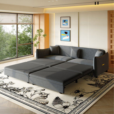 81.9" King Pull Out Sofa Bed,3-in-1 Convertible Sofa Bed with 3 Pillows & Golden Accent Detail Design, Modern Velvet 3-Seater Couch,for Small Space,Living Room,Apartment,Dark Grey(Old SKU:W1885S00253)