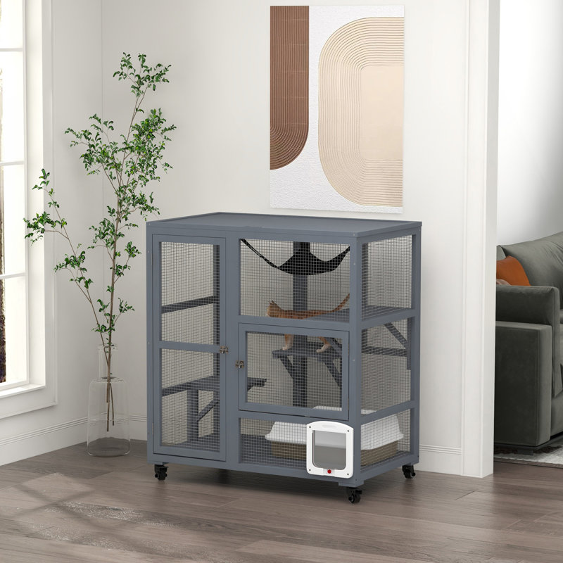 Maison pour chat, cage intérieure pour chat sur roulettes, cage pour chat en bois avec porte à rabat, hamac à plateforme et plateau ouvert pour 2 chats, 39 po