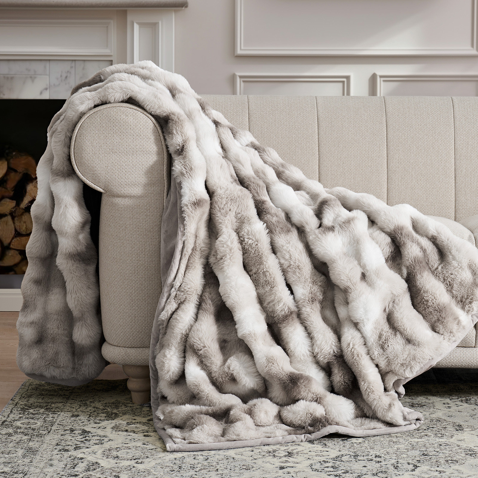 Ridgeline Faux Fur Throw Blanket, 60" L x 50" W, Light Gray