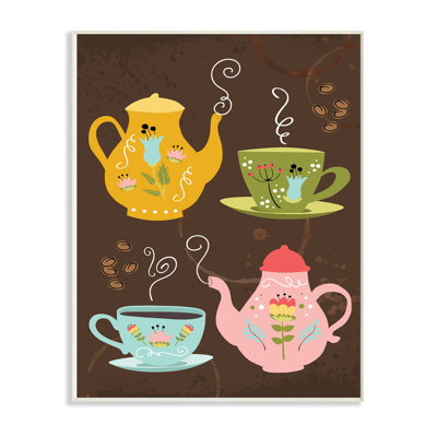 «Kettles and Coffee Cups Chalkboard Look» par Naxart, reproduction d'impression sur bois
