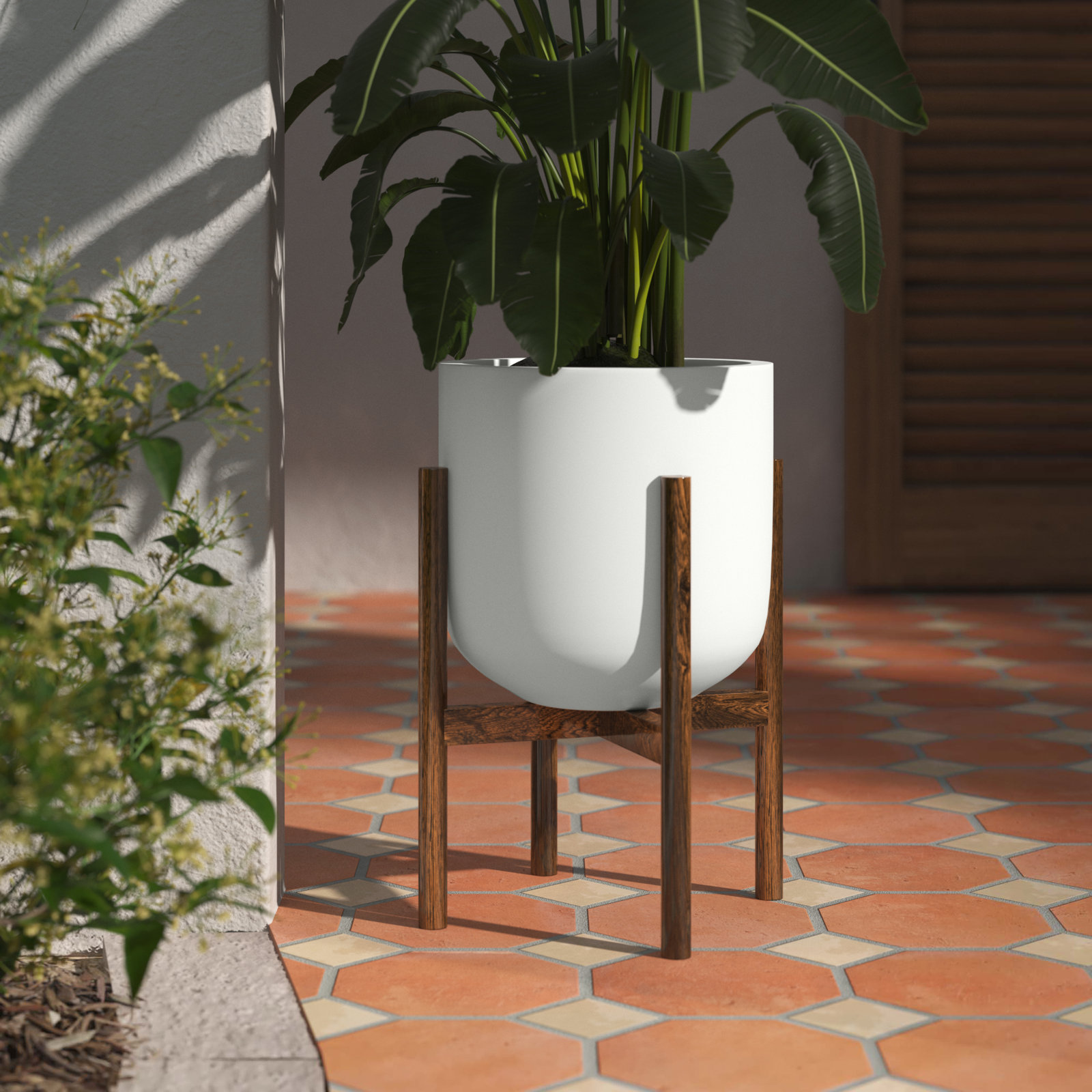 Finni 14" Pot Planter, White/Dark Walnut