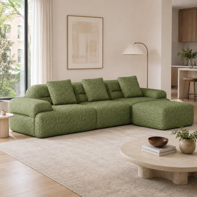 Canapé d'angle modulaire moderne Cloud, canapé compressé en forme de L avec pouf, canapé profond rembourré blanc crème, tissu velours côtelé, aucun assemblage requis pour le salon, vert