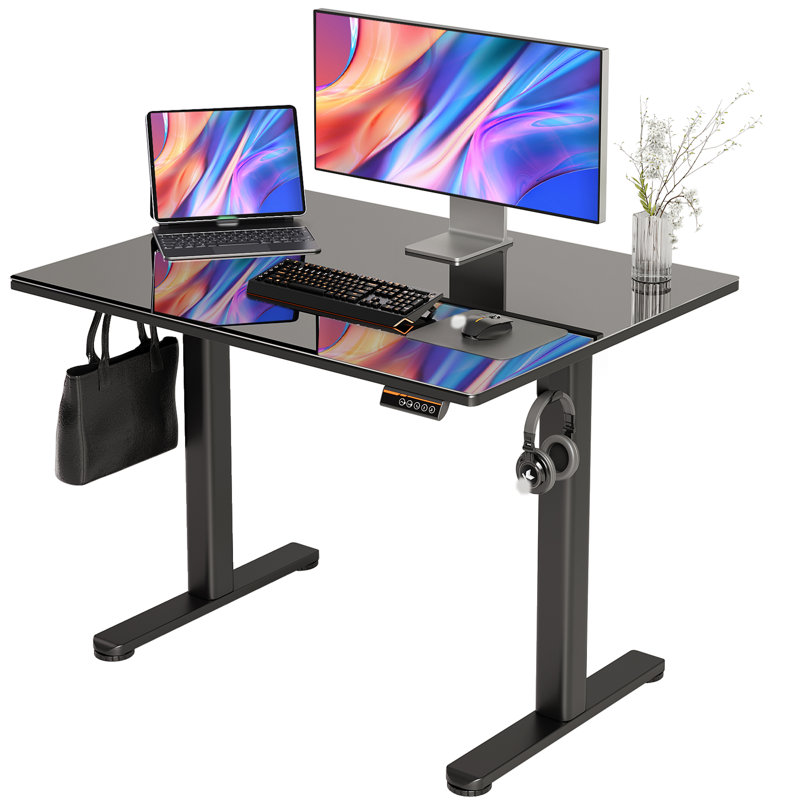 Maysie Adjustable Glass Top Metal Base Standing Desk, 46.4" H x 39.4" W x 23.6" D, Black