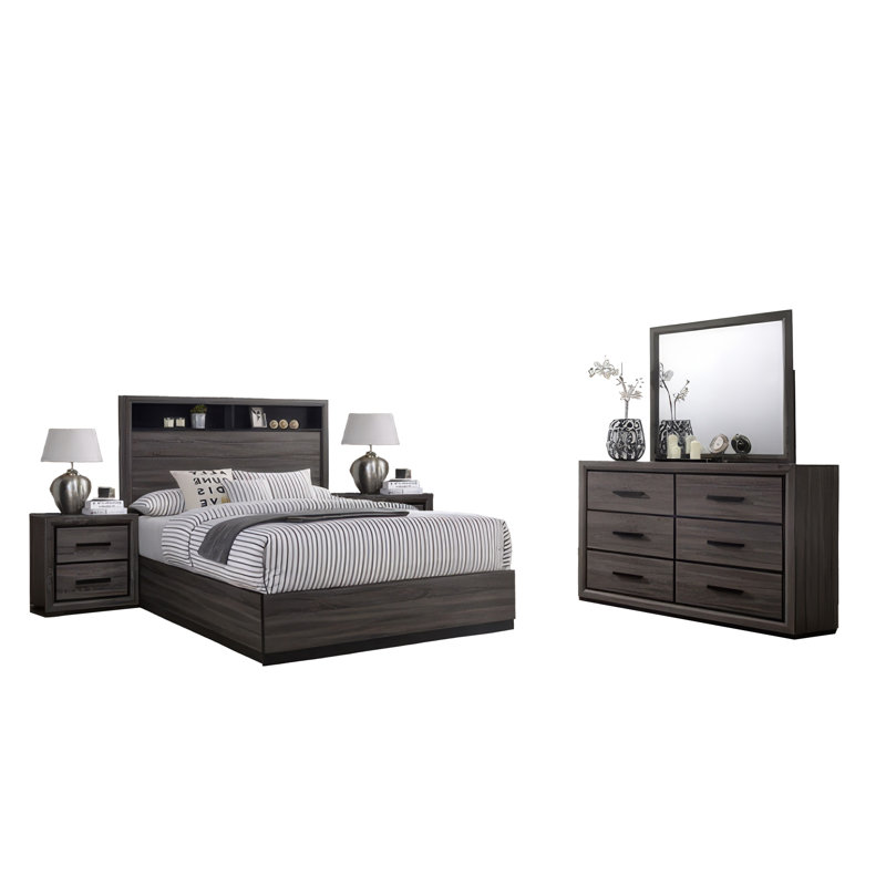 Ensemble de chambre avec grand lit 5 pièces Kalie et tête de lit bibliothèque Kalie, gris
