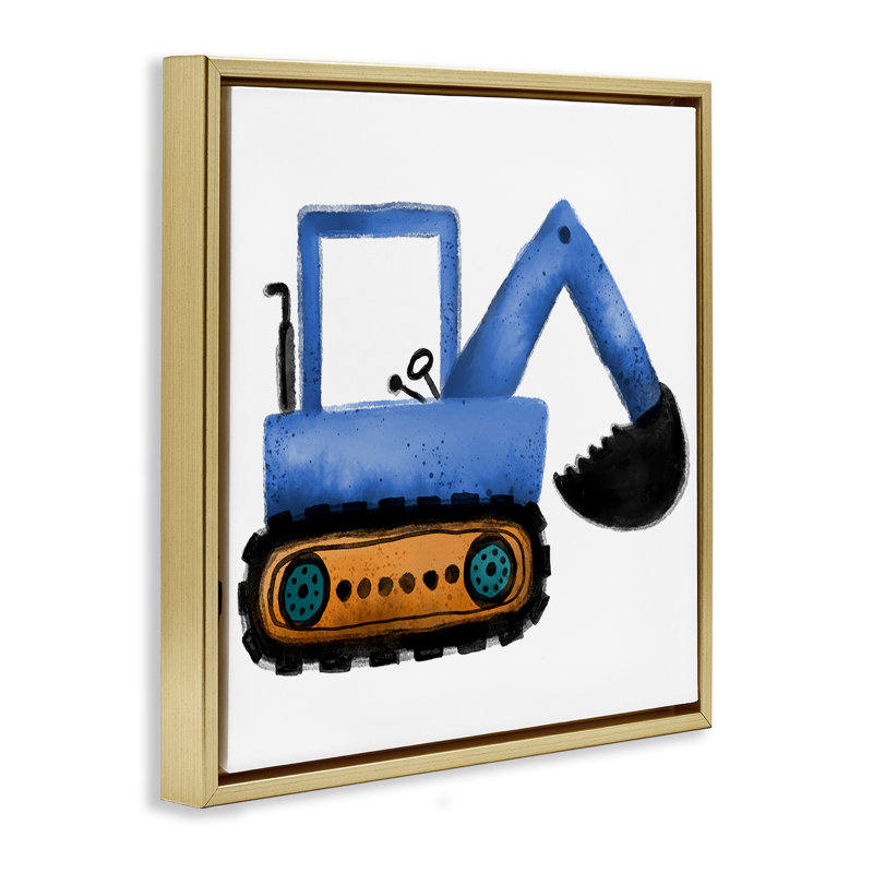 «Blue Simple Bulldozer», encadrée par Elizabeth Medley, Cadre flottant métallique doré, H 25 po x l 25 po