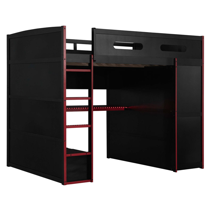 Lit mezzanine en bois pleine grandeur avec bureau, garde-robe, grand espace de rangement et lumière DEL RVB pour joueurs et multitâches
