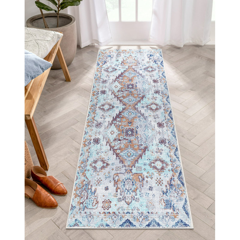 Adiva Blue and Beige Machine Made Runner Rug 2' x 13'