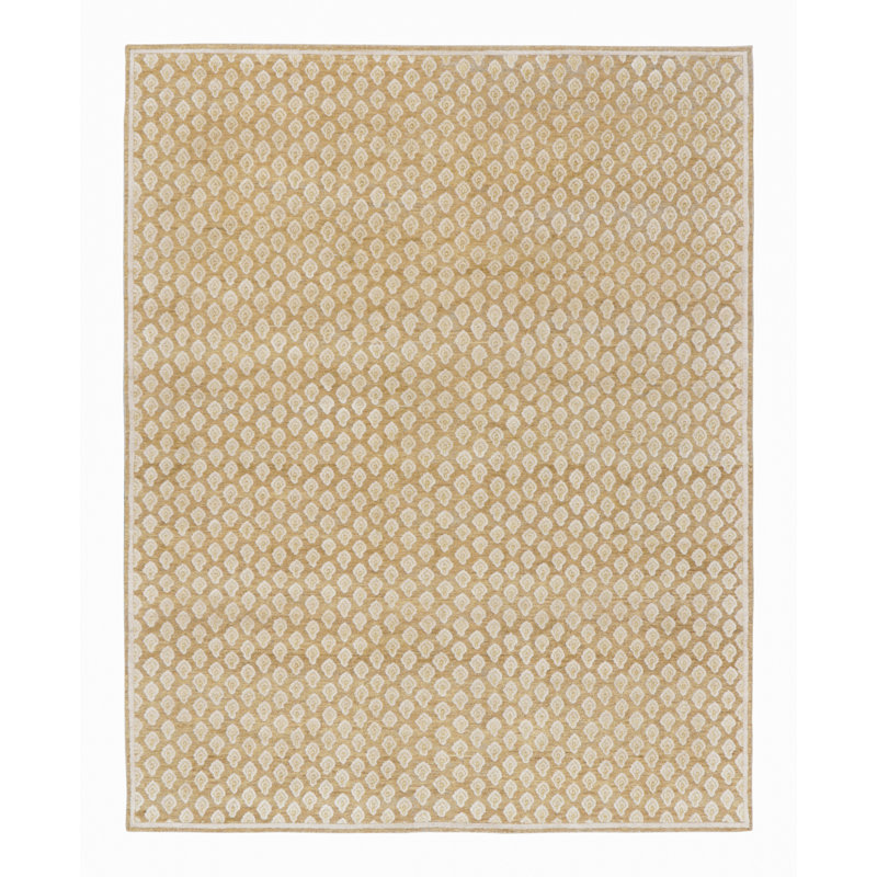 Rug & Kilim’S Modern Block Print Rug In Gold With Cream Floral Pattern, Square 4'