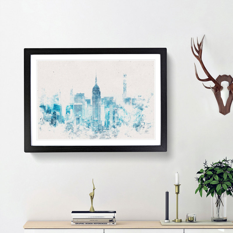 Manhattan New York Skyline Watercolour - Picture Frame Graphic Art Print, 24cm H x 33cm W x 2cm D, Black Framed
