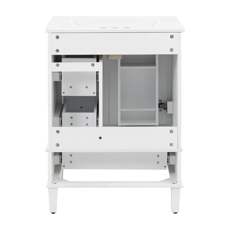Meuble-lavabo blanc de 24 po avec lavabo en céramique intégré, tablette à double couche, tiroirs à fermeture en douceur et porte d'armoire à fermeture en douceur