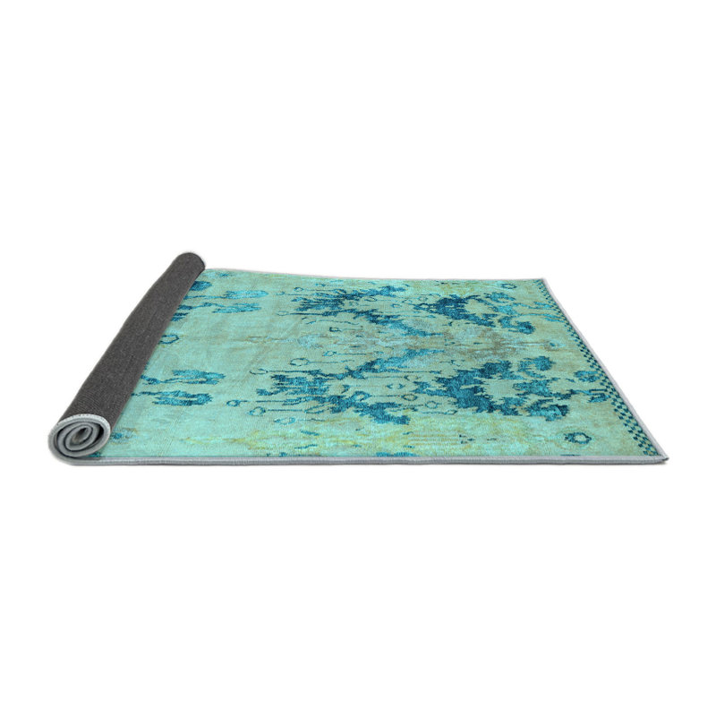 Tapis bleu / bleu sarcelle abstrait en polyester tissé à la machine, Carré 8 pi
