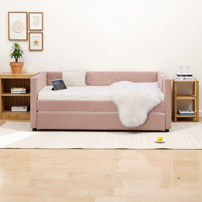 Lit de jour simple en velours avec couchette, canapé-lit capitonné à losanges moderne, Rose