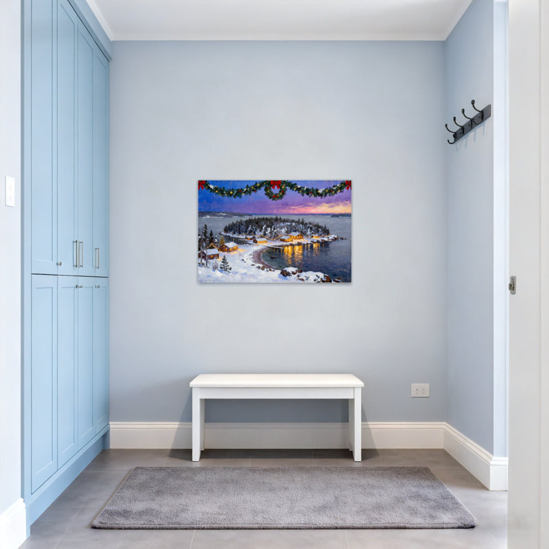 Scène de chalet de Noël avec neige et lumières, H 20 po x l 30 po