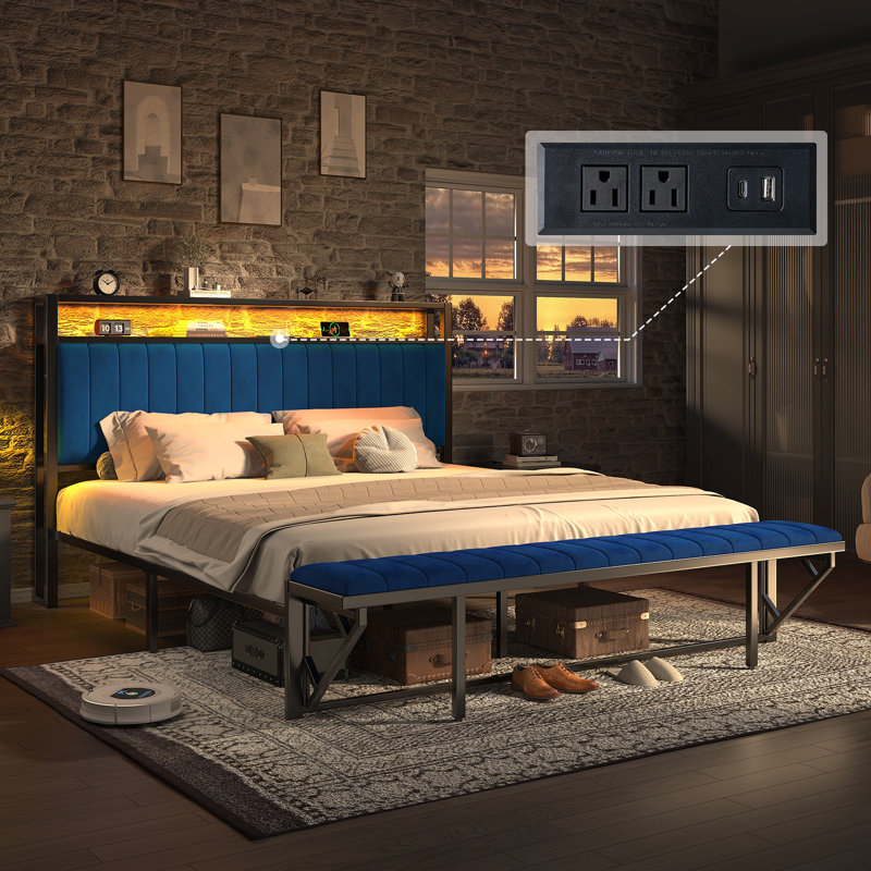 Tryston King Size Bed Frame With Footstool,upholstered Headboard,led Lights,Navy, Navy, King