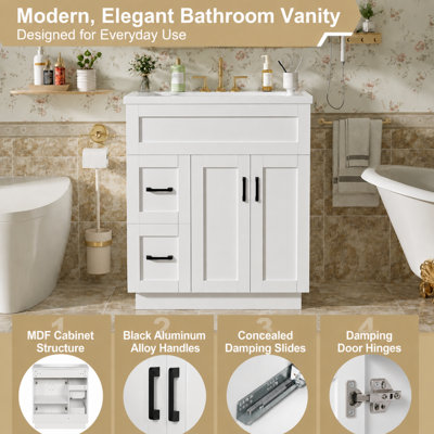 30-Inch Bathroom Vanity with 2 Doors, 2 Drawers, Adjustable Shelf, Hidden Damping Slides for Drawers & Damping Hinges for Doors