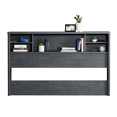 Full/Queen Bookcase Headboard, Denim+Brown Finish, Stylish Storage Headboard, Multifunctional Compartments, Compatible With Full Queen Beds, Contemporary Gray Look, Adjustable Shelves, Compact, Fast