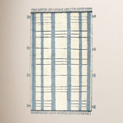 Tory Pewter Blue Hand-Knotted Plaid Wool Rug