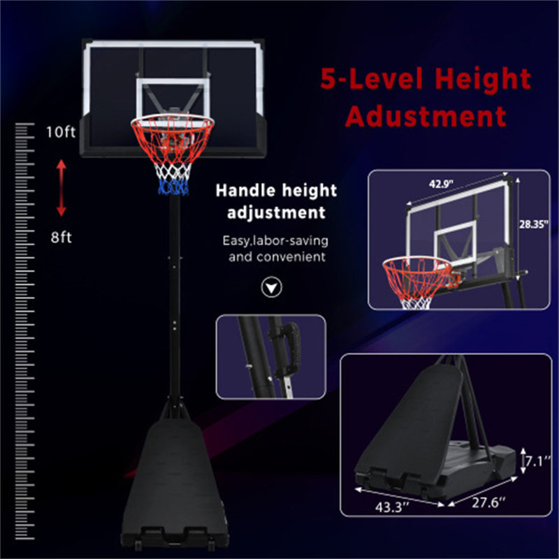 Adjustable Black Portable Basketball Hoop System with LED Lights