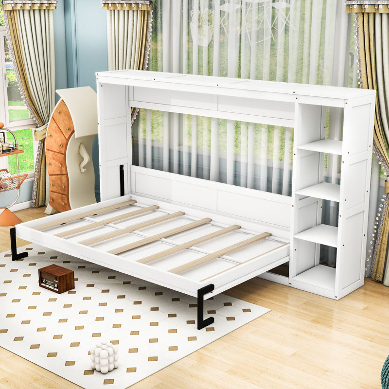 Lit escamotable en bois avec 3 tablettes, Double, Blanc