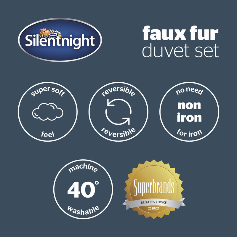 Silentnight Faux Fur Duvet Set, Grey, Double - 2 Pillowcases (45 x 80 cm)