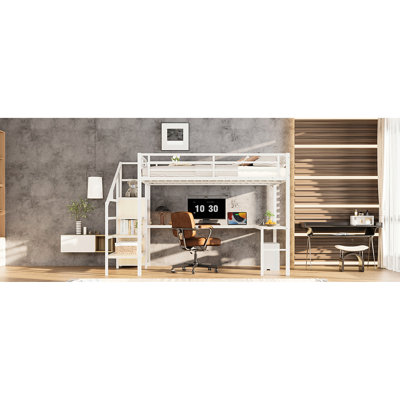 White Wood-Grain Queen Loft Bed With Stairs, , Led, And Built-In Storage For Adult's Bedroom Charging, Led Closet Teens' Space