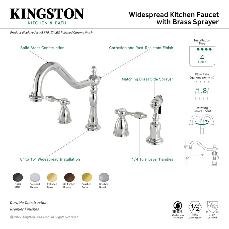 Robinet de cuisine à deux poignées Tudor Kingston, Chrome poli, Avec jet