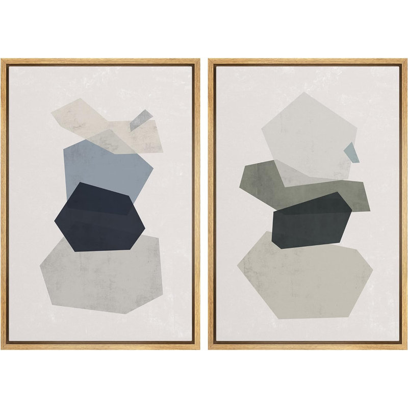 Mid-Century, formes géométriques pastel bleues et vertes, formes abstraites modernes sur toile, 2 pièces
