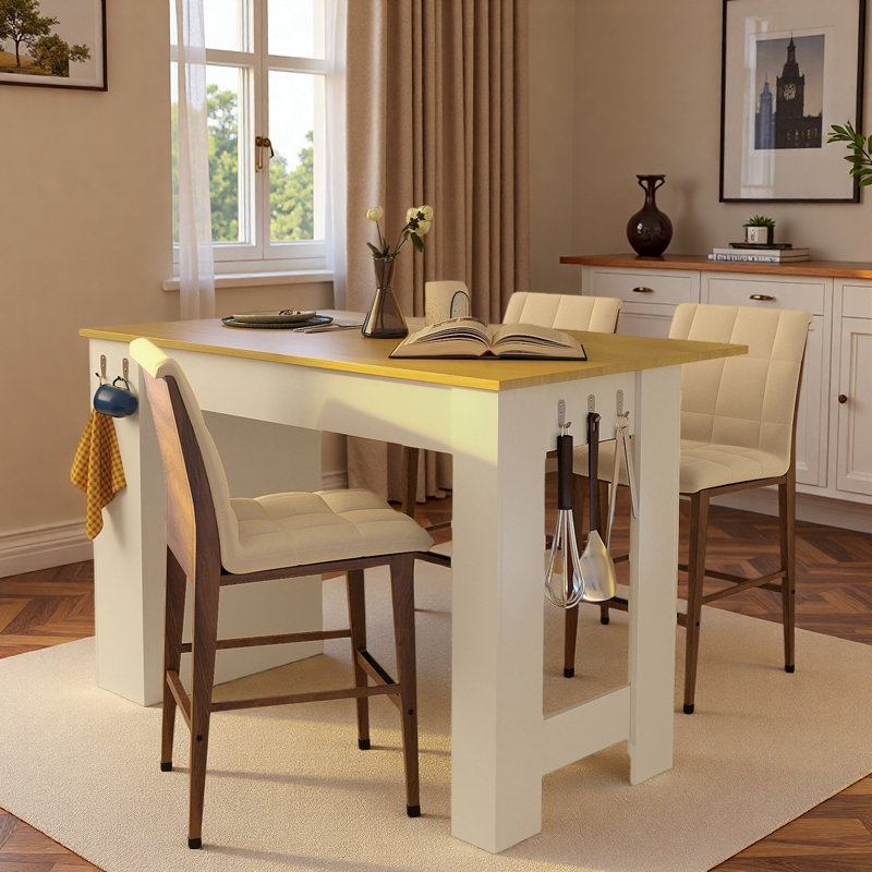 3-in-1 Dining Table with Foldable Tabletop, Enclosed Cabinet, Adjustable Shelf, Open Compartment and Side Hooks