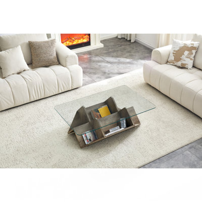 Table basse en verre trempé et panneau de fibres à densité moyenne avec grain de bois sculpté, table basse à compartiments ouverts multi-rangements pour le bureau