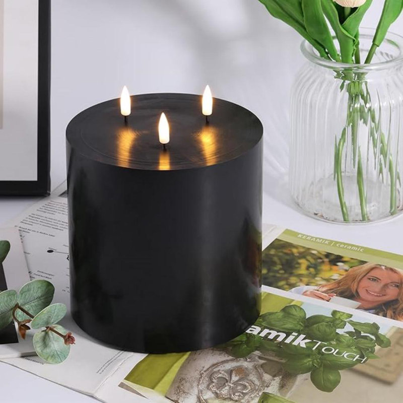 Extra Large Flameless Candles with 3 Wicks – Battery Operated Real Wax LED Candles, Black