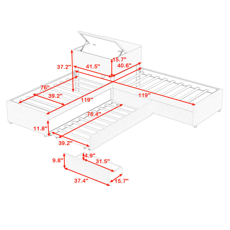 Twin Size 2 Drawers Upholstered L-shaped Platform Beds with Trundle